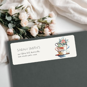 Soft Pastel Stacked Cups Floral Tea Party Address