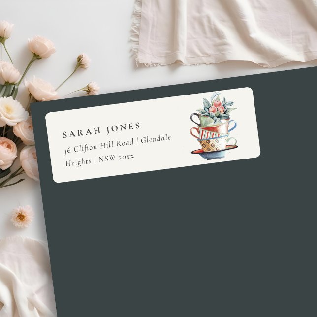 Soft Pastel Stacked Cups Floral Tea Party Address (Creator Uploaded)
