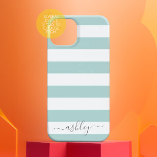 Soft Pastel Teal White Striped Pattern Grey Script Case-Mate iPhone 14 Case
