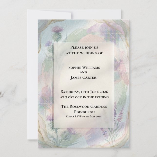 Soft Pastel Thistle Garden Scottish Wedding Invitation (Front)