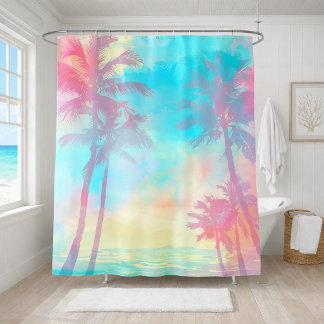 Soft Pastel Tropical Palm Trees Teal Pink Coastal