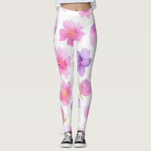 Soft Pastel Watercolor Pink and Lavender Flowers.j Leggings
