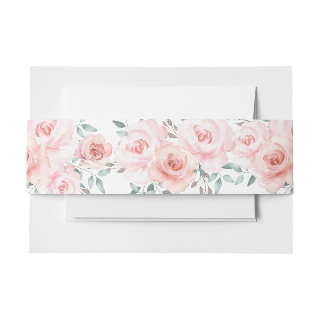 Soft Pastel Watercolor Pink Roses + Greenery Invitation Belly Band (Front Example)