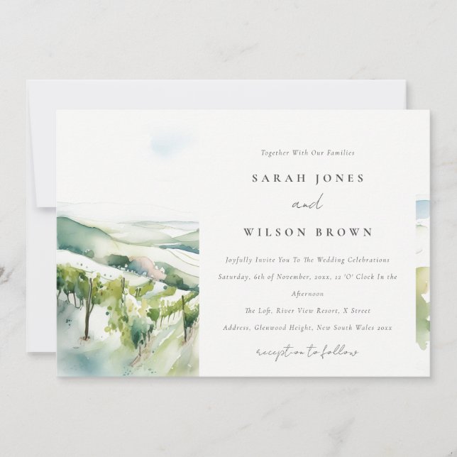 Soft Pastel Watercolor Vineyard Landscape Wedding Invitation (Front)