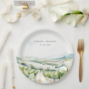 Soft Pastel Watercolor Vineyard Landscape Wedding Paper Plate