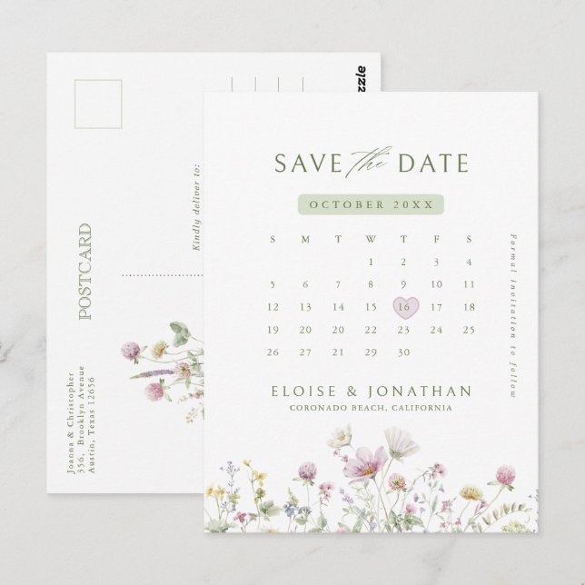 Soft Pastel Wildflower Calendar  Save the Date Postcard (Front/Back)
