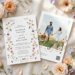 Soft Pastel Wildflower Floral Photo Wedding Invitation
