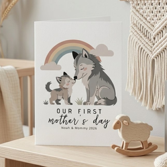 Soft Pastel Wolf Mom Pup First Mothers Day Rainbow Card (Creator Uploaded)