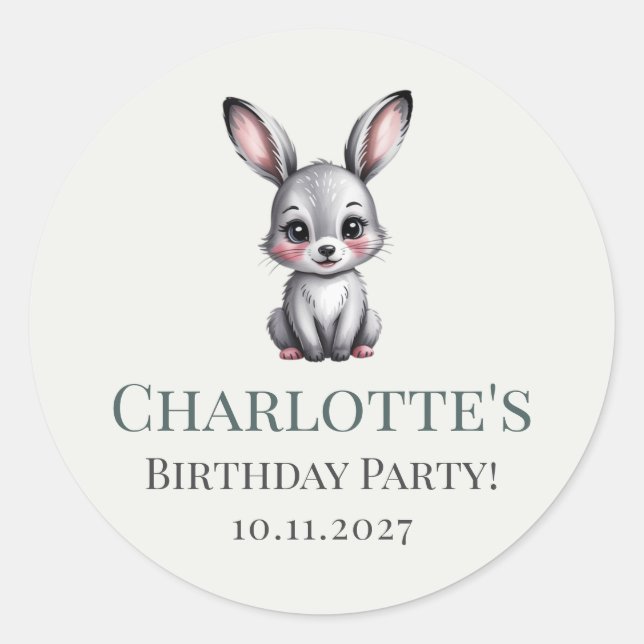 Soft Pastel Woodland Bunny with Name Girl Birthday Classic Round Sticker (Front)