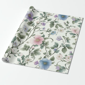 Soft Pastel Yellow and Blue Botanical Vine Design Wrapping Paper