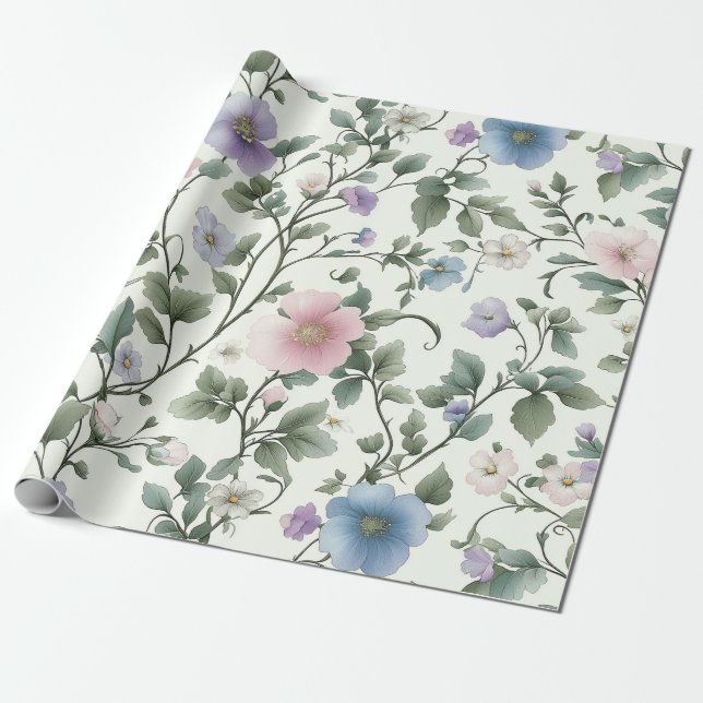 Soft Pastel Yellow and Blue Botanical Vine Design Wrapping Paper (Unrolled)