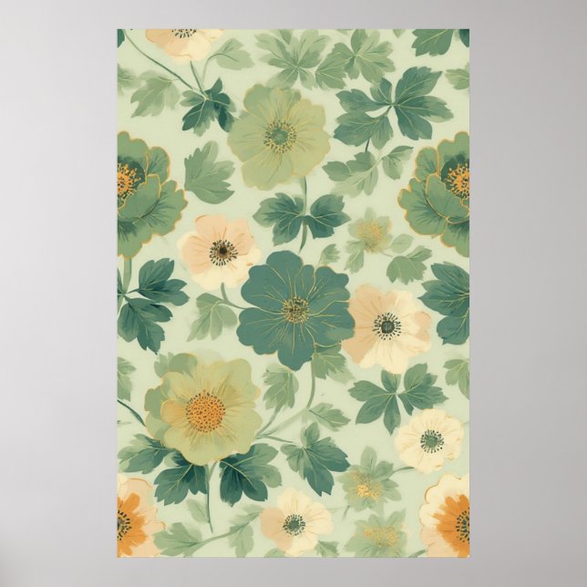Soft Pastel Yellow and Green Floral Pattern Poster (Front)