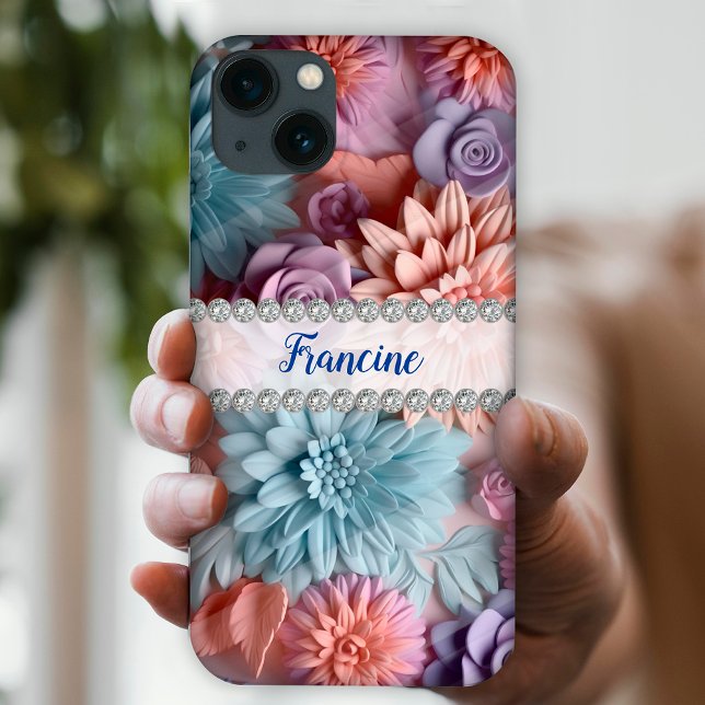 Soft pastels 3D dahlias & roses, diamond frame Case-Mate iPhone Case (Creator Uploaded)