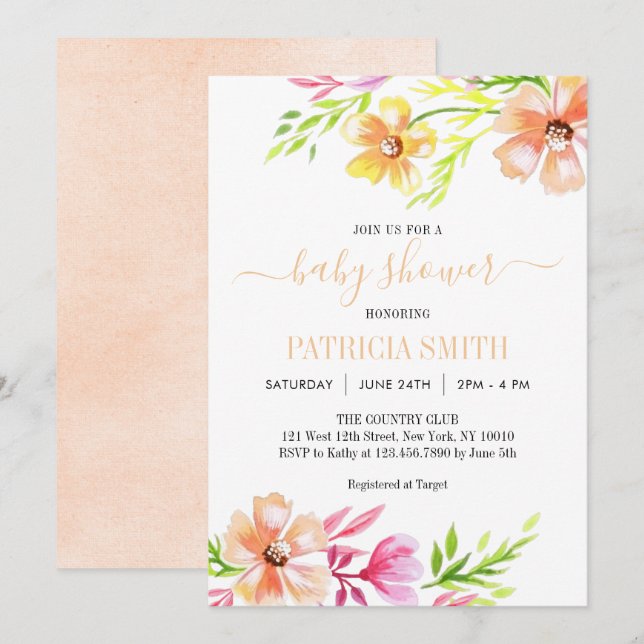 Soft pastels watercolor floral Baby Shower Invitation (Front/Back)