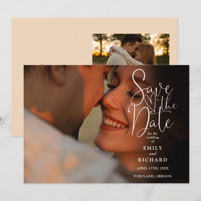 Soft Peach 2 Photo Elegant Script Wedding  Save The Date (Front/Back)
