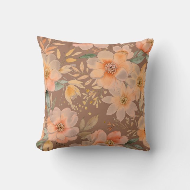 Soft Peach and green floral Throw Pillow (Front)