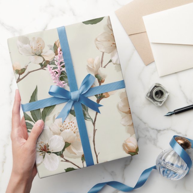 Soft Peach Blossom Ivory Floral Pattern Wrapping Paper (Gifting)