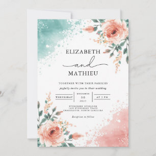 Soft Peach Coral Floral Wash Wedding Invitation