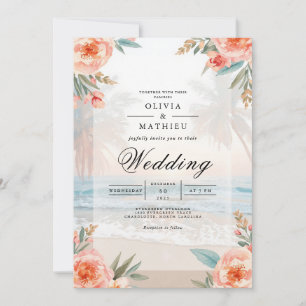 Soft Peach Floral Beach Wedding Invitation