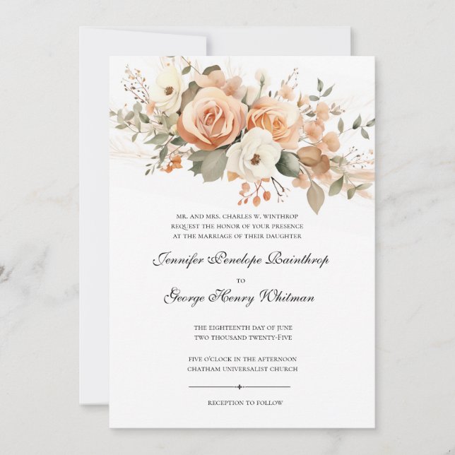 Soft Peach Floral Formal Wedding Invitation (Front)