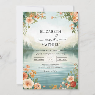 Soft Peach Floral Lakeside Wedding Invitation