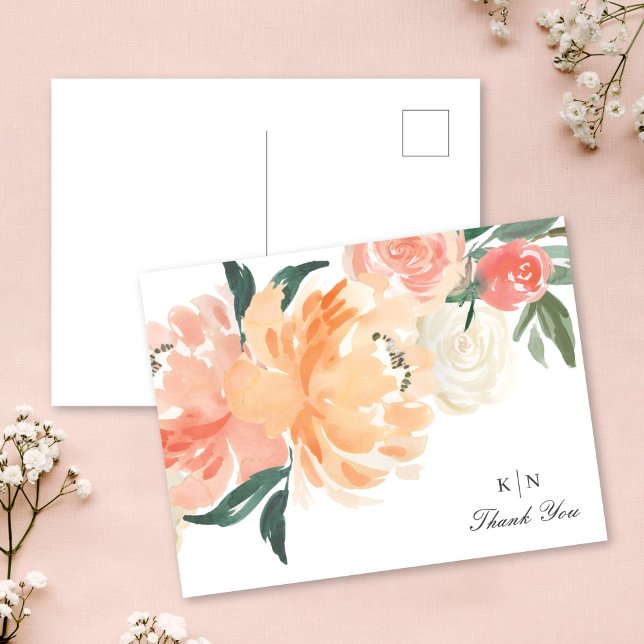 Soft Peach Floral Monogram Wedding Thank You Postcard (Creator Uploaded)