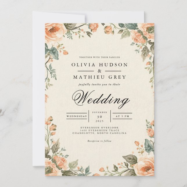 Soft Peach Floral Oval Frame Wedding Invitation (Front)