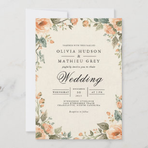 Soft Peach Floral Oval Frame Wedding Invitation