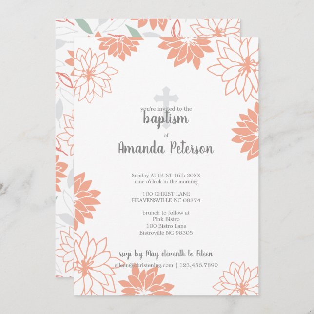 Soft Peach Floral Pattern Cross Girl Baptism Invitation (Front/Back)