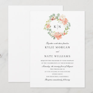 Soft Peach Floral Watercolor Monogram Wedding Invitation