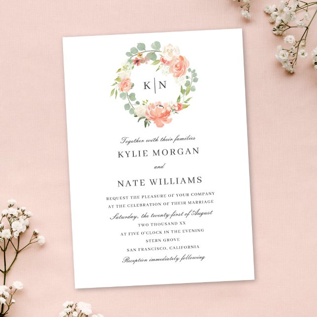 Soft Peach Floral Watercolor Monogram Wedding Invitation (Creator Uploaded)