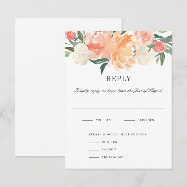 Soft  Peach Floral Watercolor Wedding RSVP Card (Front/Back)