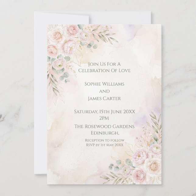 Soft Peach Floral Wedding Invitation (Front)