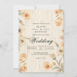 Soft Peach Floral Wood Wedding Invitation