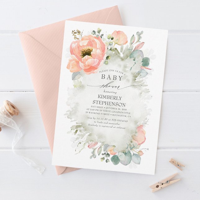 Soft Peach Flowers Elegant Spring Baby Shower Invitation (Creator Uploaded)