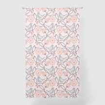 Soft Peach Flowers & Grey Birds Patterned Curtain