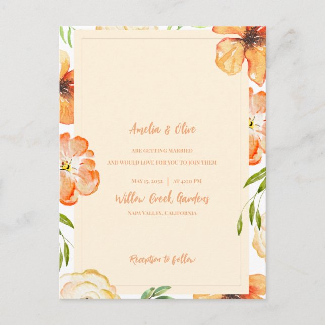 Soft Peach Garden Meadow Florals Wedding Invitation Postcard (Front)