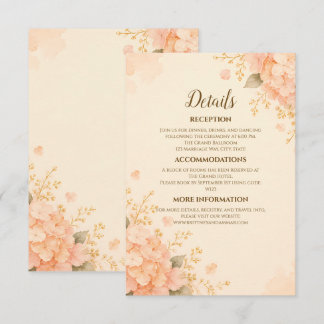 Soft Peach & Gold Hydrangea Floral Wedding Details Enclosure Card