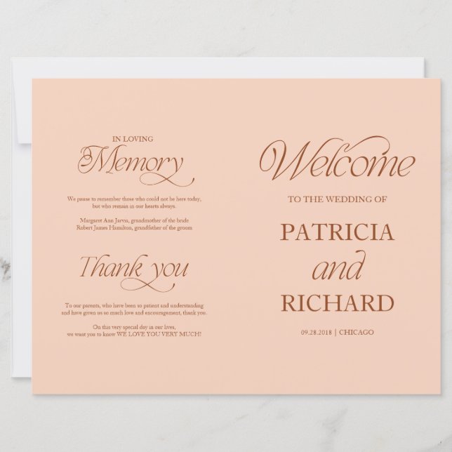 Soft Peach Minimalist DIY Wedding Folded Program (Front)