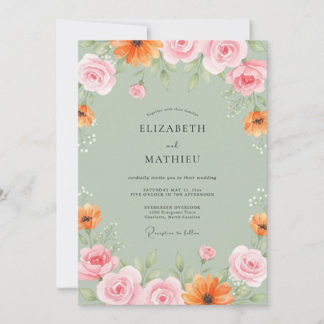 Soft Peach Mint Painted Wedding Invitation (Front)