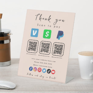 Soft Peach Multi QR Code Paypal Venmo Cash App Pedestal Sign