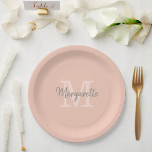 Soft Peach Name and Initial Monogram  Paper Plates