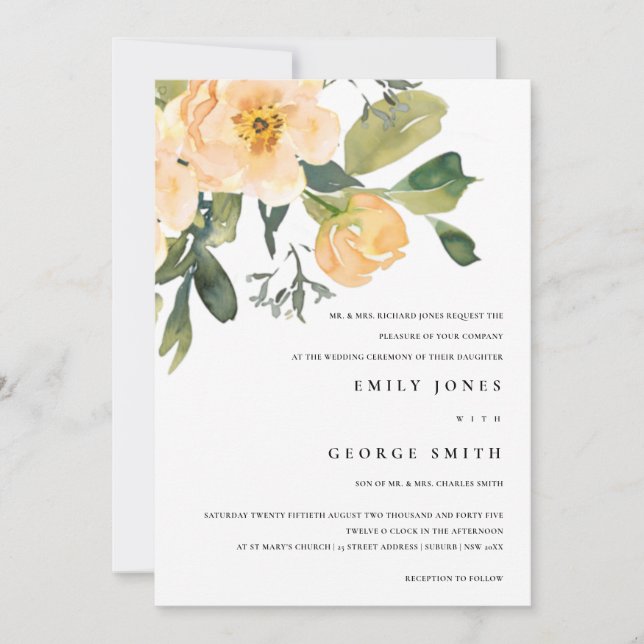 SOFT PEACH PEONY WATERCOLOR FLORAL WEDDING INVITE (Front)