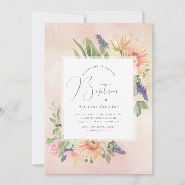 Soft Peach & Pink Framed Baptism Invitation (Front)