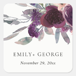 SOFT PEACH PURPLE LILAC WATERCOLOR FLORAL WEDDING SQUARE STICKER
