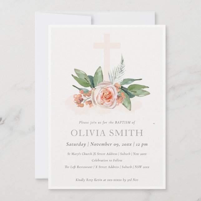Soft Peach Rose Floral Cross Bunch Baptism Invite (Front)