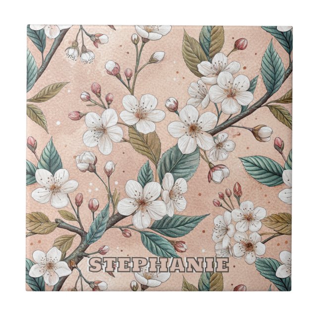Soft Peach Sakura Branch Botanical Pattern Tile (Front)
