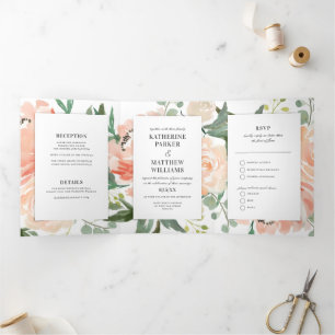 Soft Peach Watercolor Floral All-In-One Wedding Tri-Fold Invitation