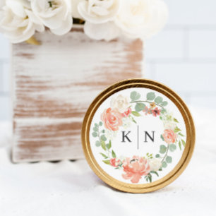 Soft Peach Watercolor Floral Monogram Wedding Classic Round Sticker