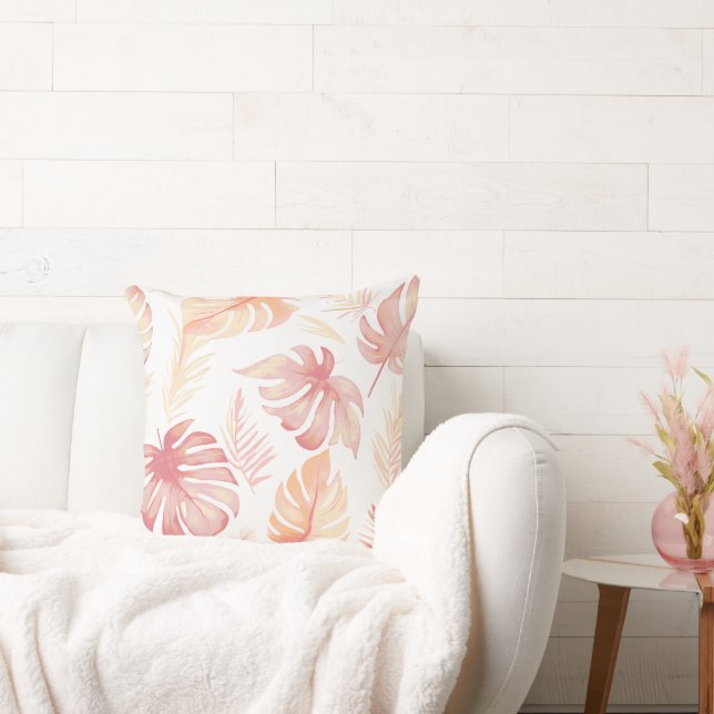 Soft Peach Watercolor Tropical Jungle Leaves Throw Pillow (Couch)